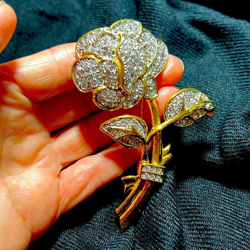 Nolan Miller Floral Brooch Gold Tone with Pave Crystals, Vintage, NWOT